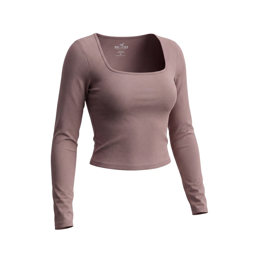 Hollister Square Neck Top Womens XS Mauve Excellent Long Sleeve Cropped Jersey